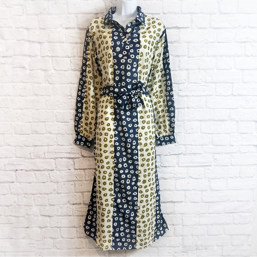Nikki Chasin Cotton Silk Patchwork Dot Portico Dress With Waist Belt